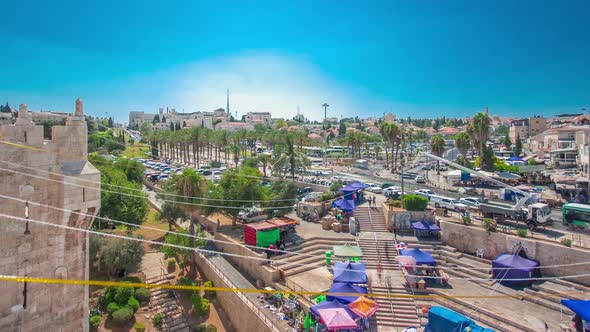 Aerial View From Damascus Gate or Shechem Gate Timelapse One of the Gates to the Old City of