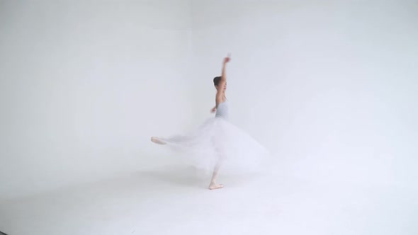 Elegant Female in a White Tutu, Dance Ballet and Perform Choreographic Elements on a White