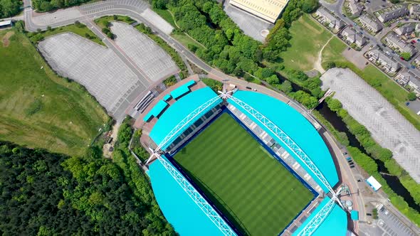 Aerial footage of The John Smith's Stadium home of the Huddersfield Town Football Club in the UK