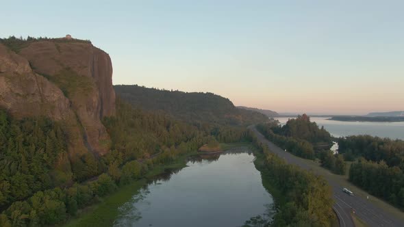 Beautiful Aerial View of Columbia River during a vibrant summer sunrise. Taken in Oregon, United Sta