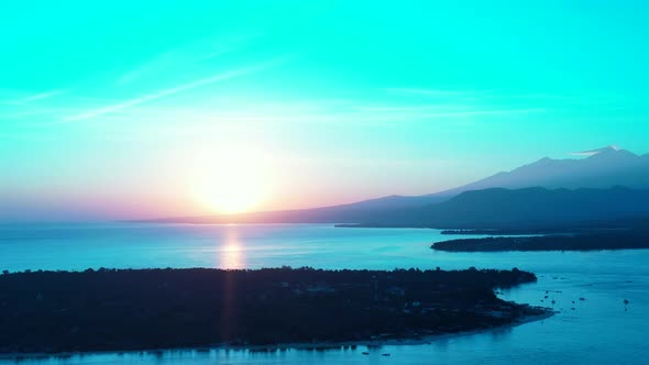 Wide angle drone abstract shot of a summer white paradise sand beach and blue sea background in colo