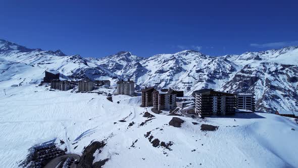 Panoramic view of Ski station centre resort at snowy Andes Mountains.