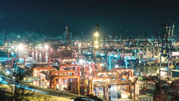 Cargo Container Terminal And Busy Traffic On Highway.