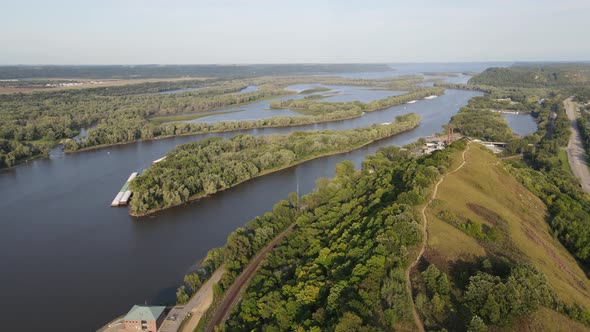 Islands and river in South Minnesota landscape summer time aerial footage