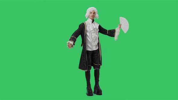 Portrait of Courtier Gentleman in Black Historical Vintage Suit and White Wig Waving a Fan Bowing