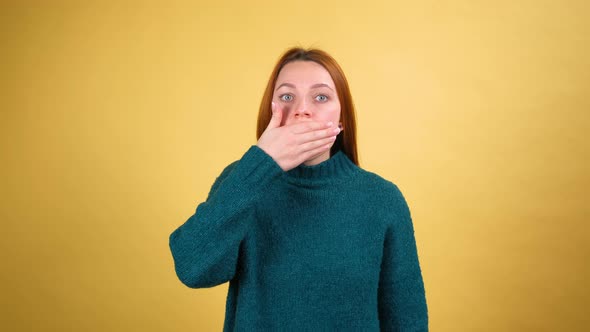 Young Red Hair Woman Posing Isolated on Yellow Color Background Studio