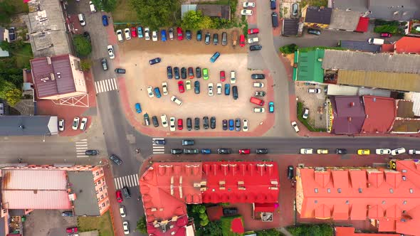 Top aerial panoramic view of Lowicz old town historical city centre with Rynek Market Square, Old To