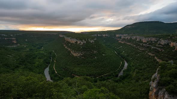 Scenic Time Lapse of a Deep Canyon of Ebro River at Sunset, in Burgos, Castile and Leon, Spain.