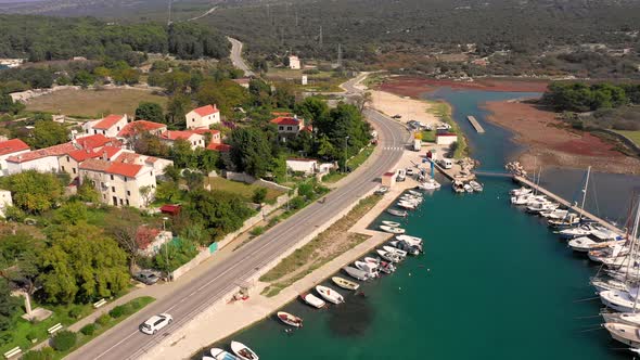 Aerial view of pro biker riding downhill at competition, Croatia.