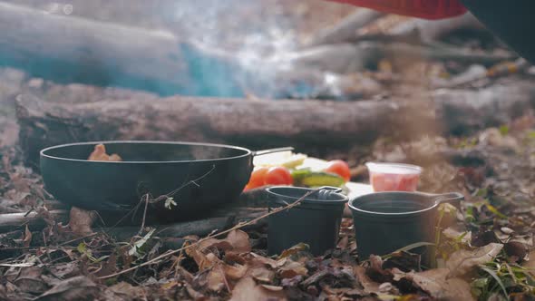 Cooking on a Campfire on a Hike. A Girl Prepares Eggs with Tomatoes and Bacon in a Pan on a Campfire