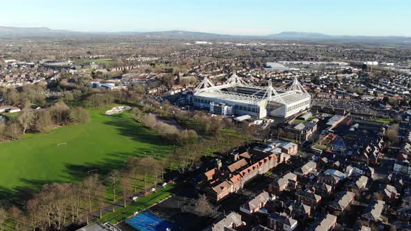 Aerial view of Deepdale Stadium and victorian houses in Preston on a winter sunny day