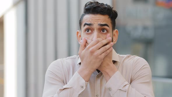 Close Up Confused Male Face Hispanic Latin Bearded Man Millennial Businessman Student Boss Crime