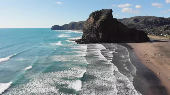 Drone flight over Piha Beach in Auckland New Zealand.