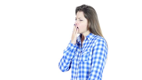 Yawning Tired Beautiful Woman , Napping , White Background