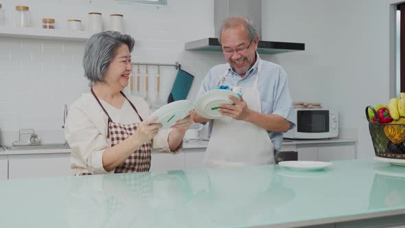 Asian senior elder grandparent smiling and helping each other to clean dishes after washing.