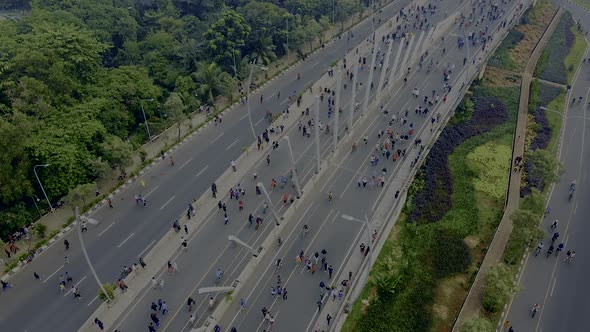 Aerial view. A crowd attends the car free day along street.