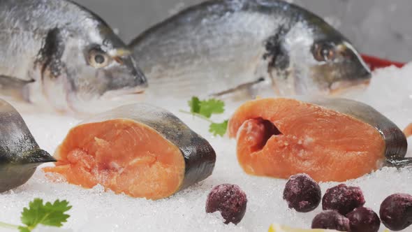 Fresh Raw Fish on a Snowy Display Case in the Market