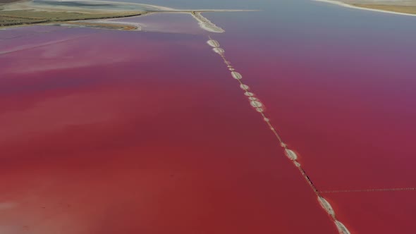 Beautiful top view of the salty, pink lake. Beautiful pink sunrise.