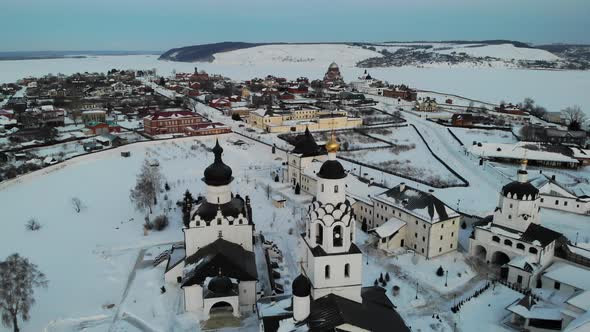 Sviyazhsk Island in Volga River at Winter Small City Village Cathedral Sunset