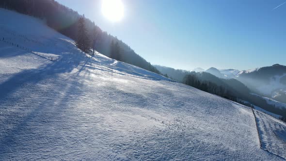 Sunlight over snowy mountain slope with trees in winter