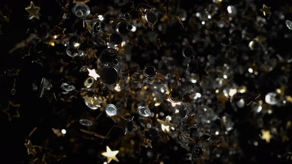 Star, round shape confetti fly after exploded on black background. 4K 30fps. Slow Motion.