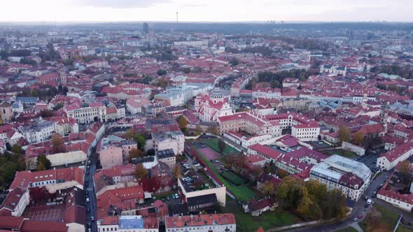 Aerial circling over Vilnius old town, Lithuania