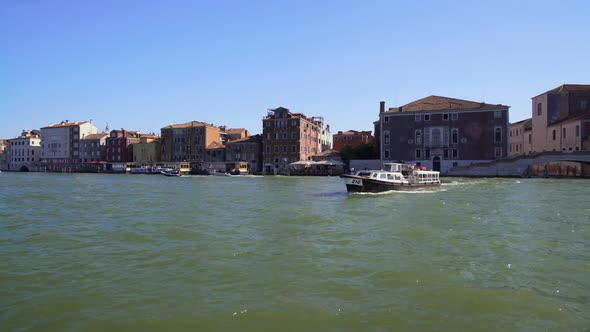 Water Transport, View From Boat on Vaporetto Sailing on Grand Canal in Venice