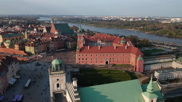 Aerial Panoramic Footage of Royal Castle Complex Castle Square and Churches in Old Town in Golden