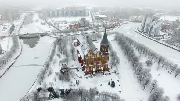 Aerial view of the Cathedral in Kaliningrad in the wintertime