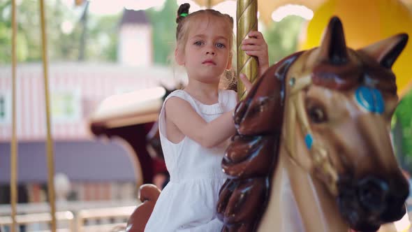 Little Girl Ride Horse Old Fashioned French Carousel Roundabout