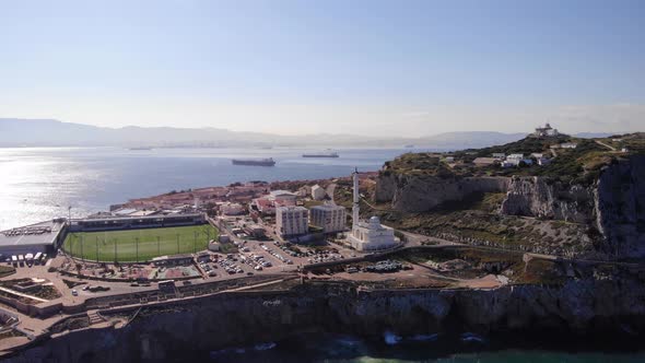 Panning Through Europa Point With Sports Complex And Ibrahim-al-Ibrahim Mosque In Southernmost Of Gi