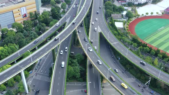 Aerial view of highway and overpass in city