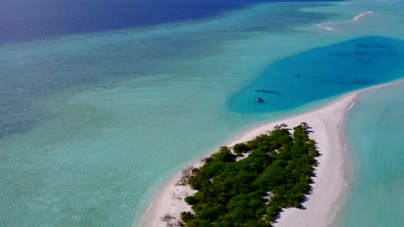 Aerial drone tourism of bay beach time by blue ocean and sand background