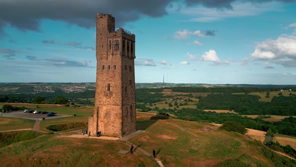 Castle Hill, ancient monument overlooking Huddersfield in West Yorkshire. Drone footage ariel footag