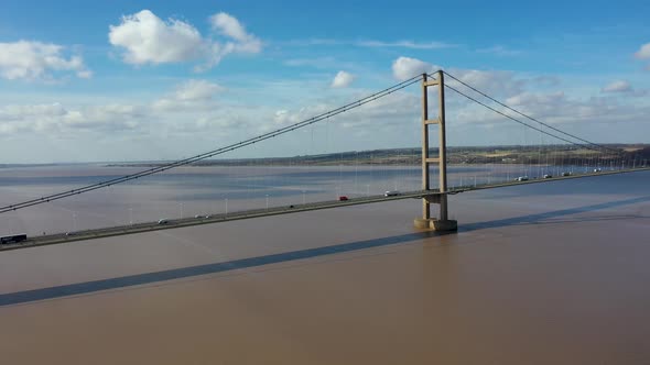 Aerial footage of The Humber Bridge, near Kingston upon Hull, East Riding of Yorkshire