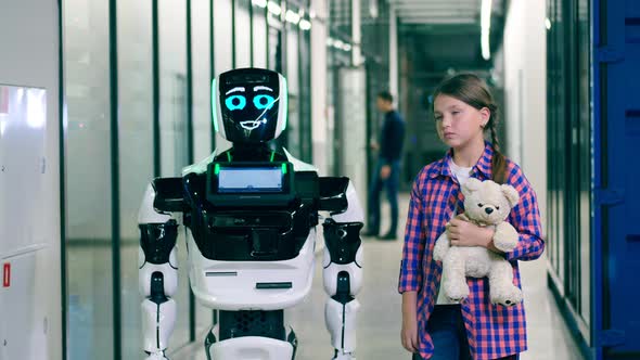 Humanlike Droid Cyborg and a Young Girl Are Chatting