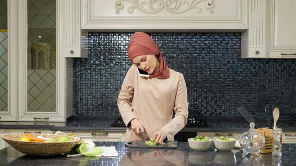 Housewife Prepares Dinner and Talks with Friend on Phone