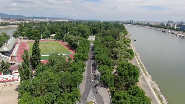 Aerial shot of bikers on Margaret island (Margitsziget) in Budapest, Hungary