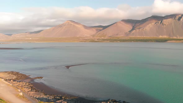 Panoramic View of Town Borgarnes in SouthWestern Iceland From a Drone Viewpoint