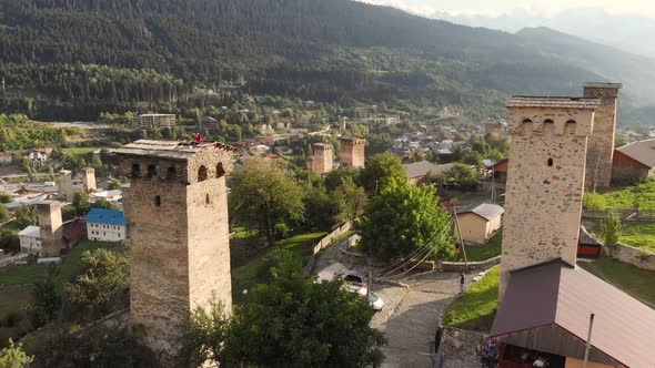 Flying Around of the Famous Historical Svan Towers at Sunset in Mestia Georgia