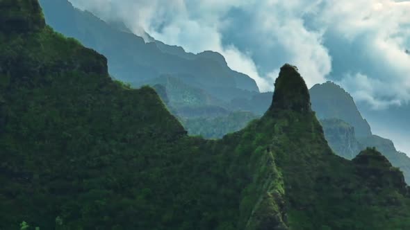 Beautiful Nature Epic Aerial View Hawaii Landscape Green Peaks in Rain Clouds