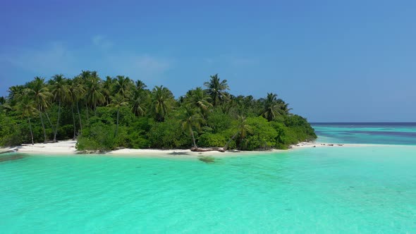 Daytime above copy space shot of a white sand paradise beach and blue sea background in colorful