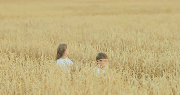 Children with Flowers are Walking on the Field