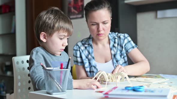 young woman and a boy make a wooden toy from parts according to the instructions