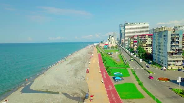 Drone view of first coastline and embankment city of Batumi in Georgia, Adjara