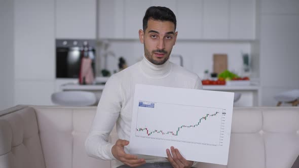 Web Camera POV of Young Handsome Middle Eastern Man Pointing at Graph Talking Smiling