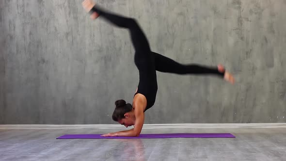 Woman Clothes Performs Gymnastic Stretching Purple Yoga Mats Against Backgroun