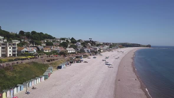 Low aerial view of the town of Budleigh Salterton, beach and sea. Jurassic Coast, East Devon Area of