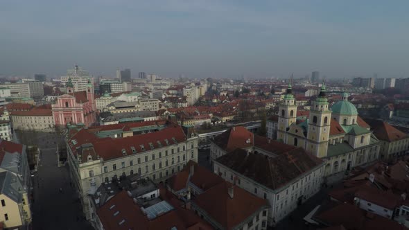 Aerial view of two churches in Ljubljana