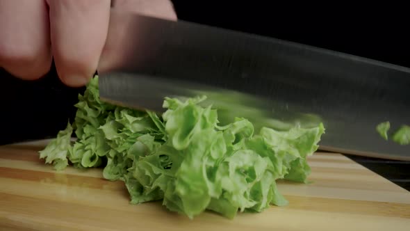 Male Hands Cutting Chinese Cabbage or Green Lettuce Leaves with Sharp Knife